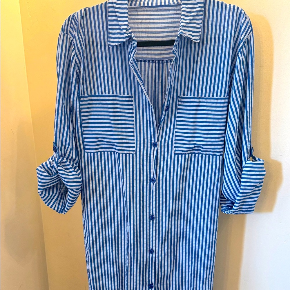 💯 cotton made in Italy Blue and White Striped Button-Up Dress